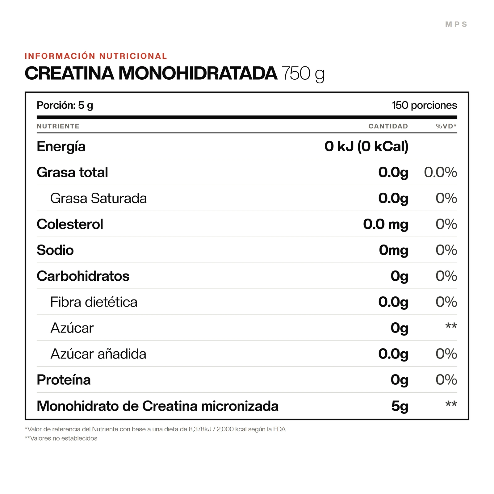 Información nutricional de Creatina Monohidratada (750 g 150 serv). La tabla completa está más abajo, en Información nutricional.