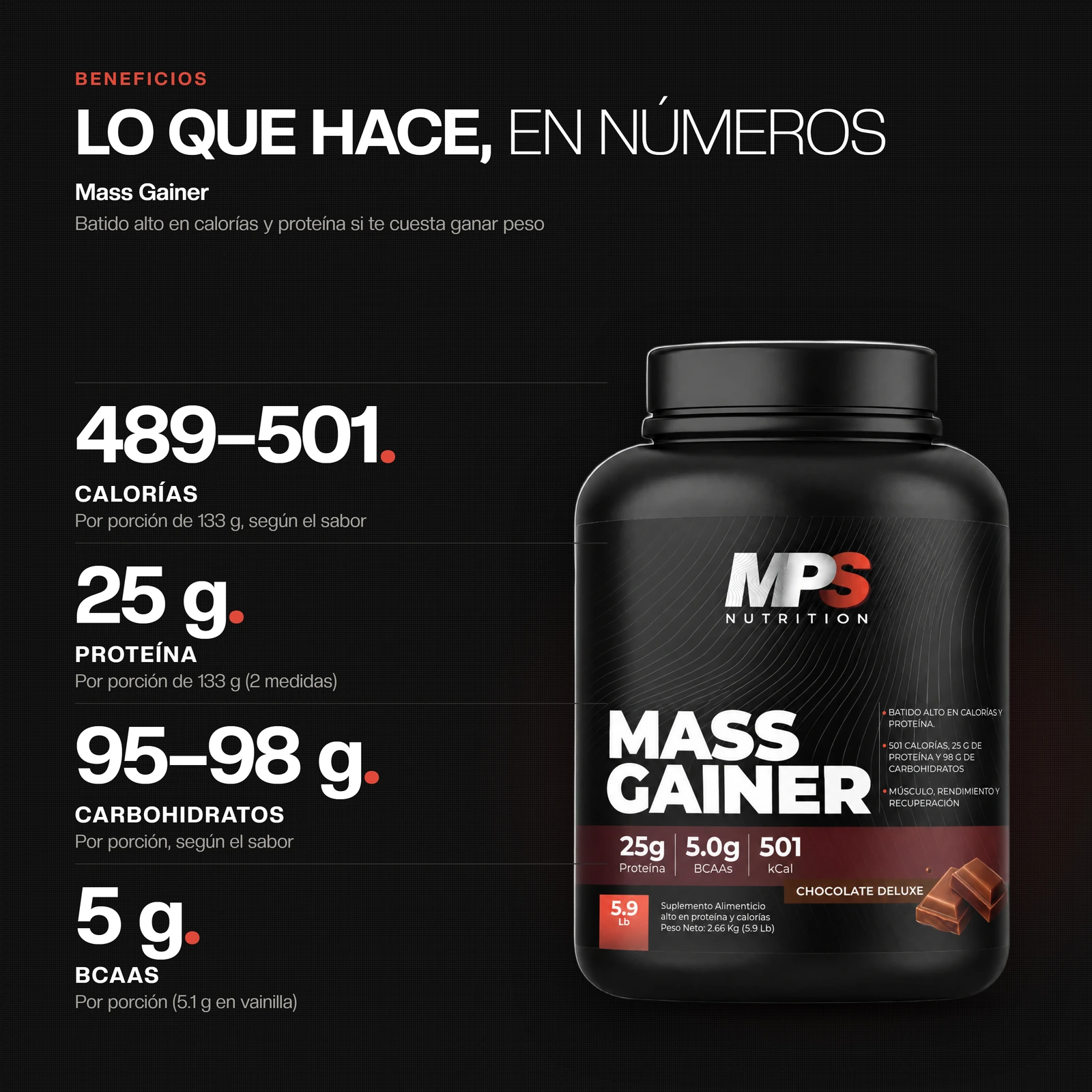 Beneficios de Mass Gainer: 489–501 Calorías, 25 g Proteína, 95–98 g Carbohidratos, 5 g BCAAs