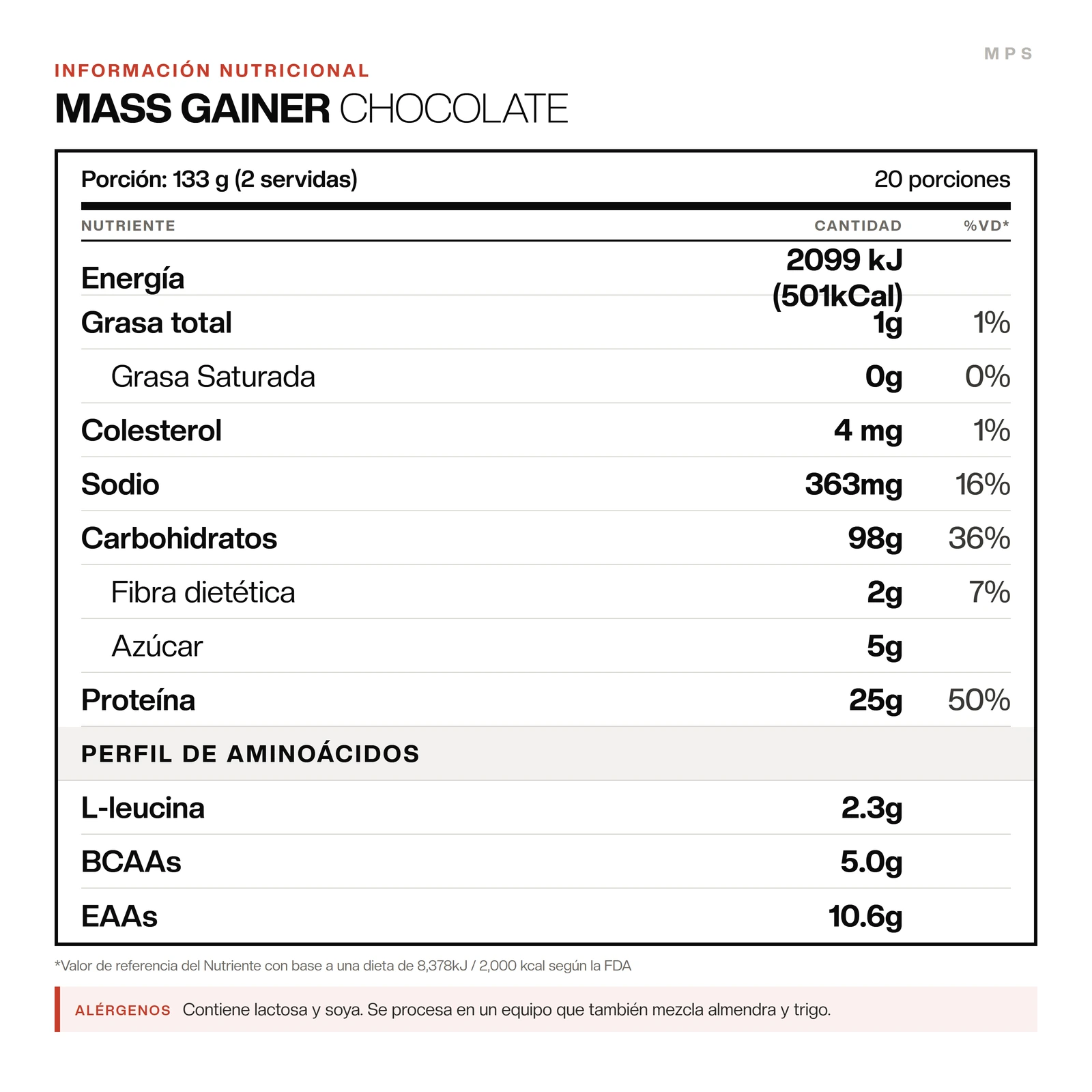 Información nutricional de Mass Gainer (chocolate). La tabla completa está más abajo, en Información nutricional.