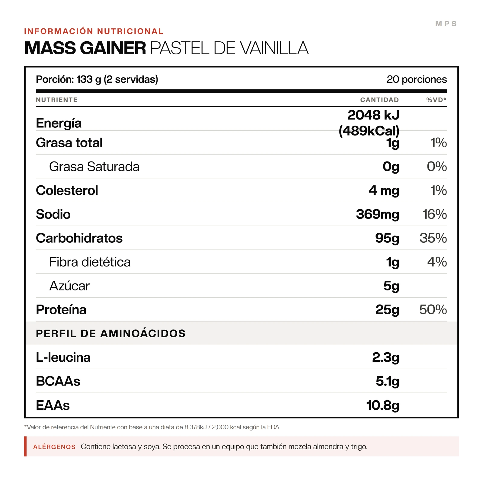 Información nutricional de Mass Gainer (pastel vainilla). La tabla completa está más abajo, en Información nutricional.