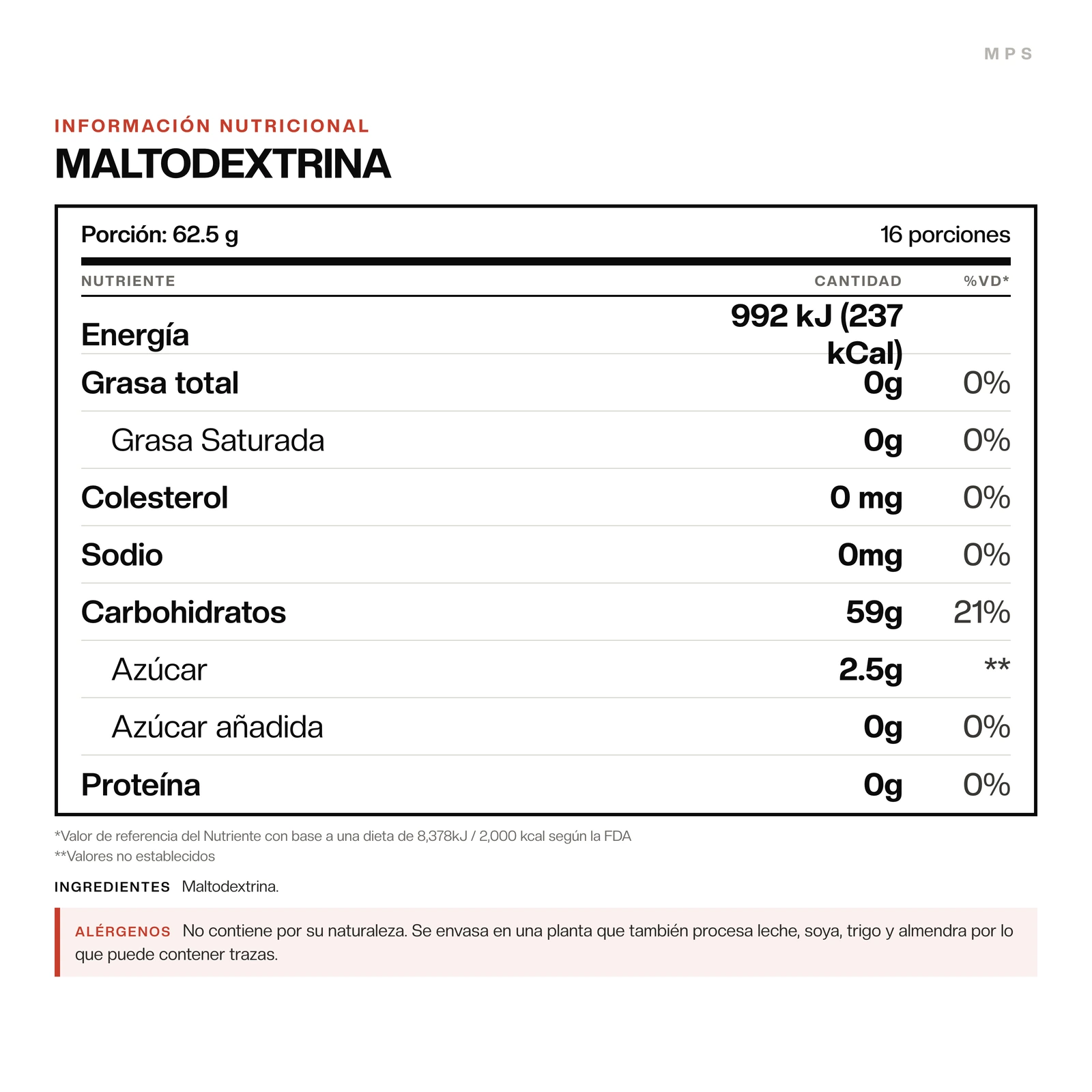 Información nutricional de Maltodextrina. La tabla completa está más abajo, en Información nutricional.