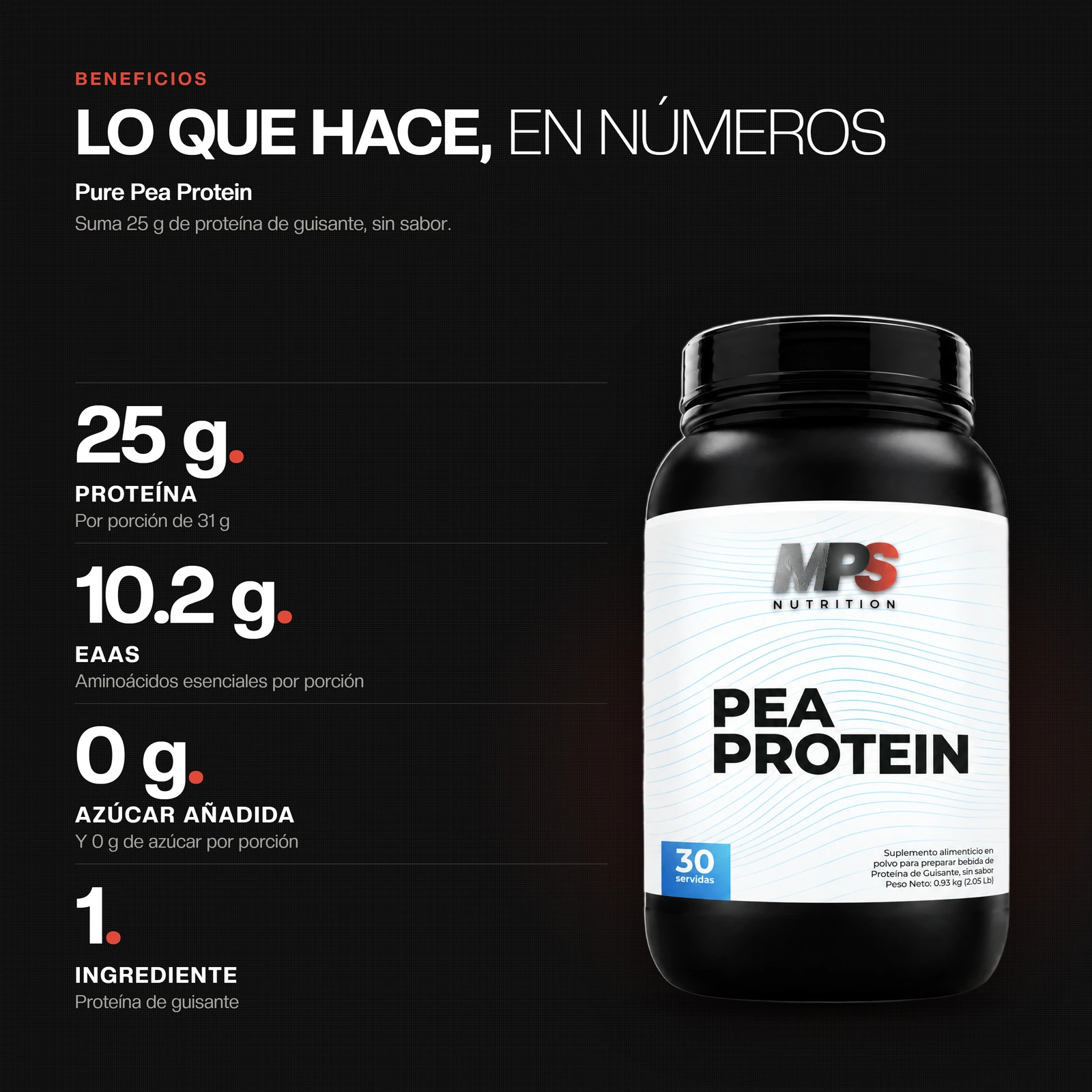 Beneficios de Pure Pea Protein: 25 g Proteína, 10.2 g EAAs, 0 g Azúcar añadida, 1 Ingrediente