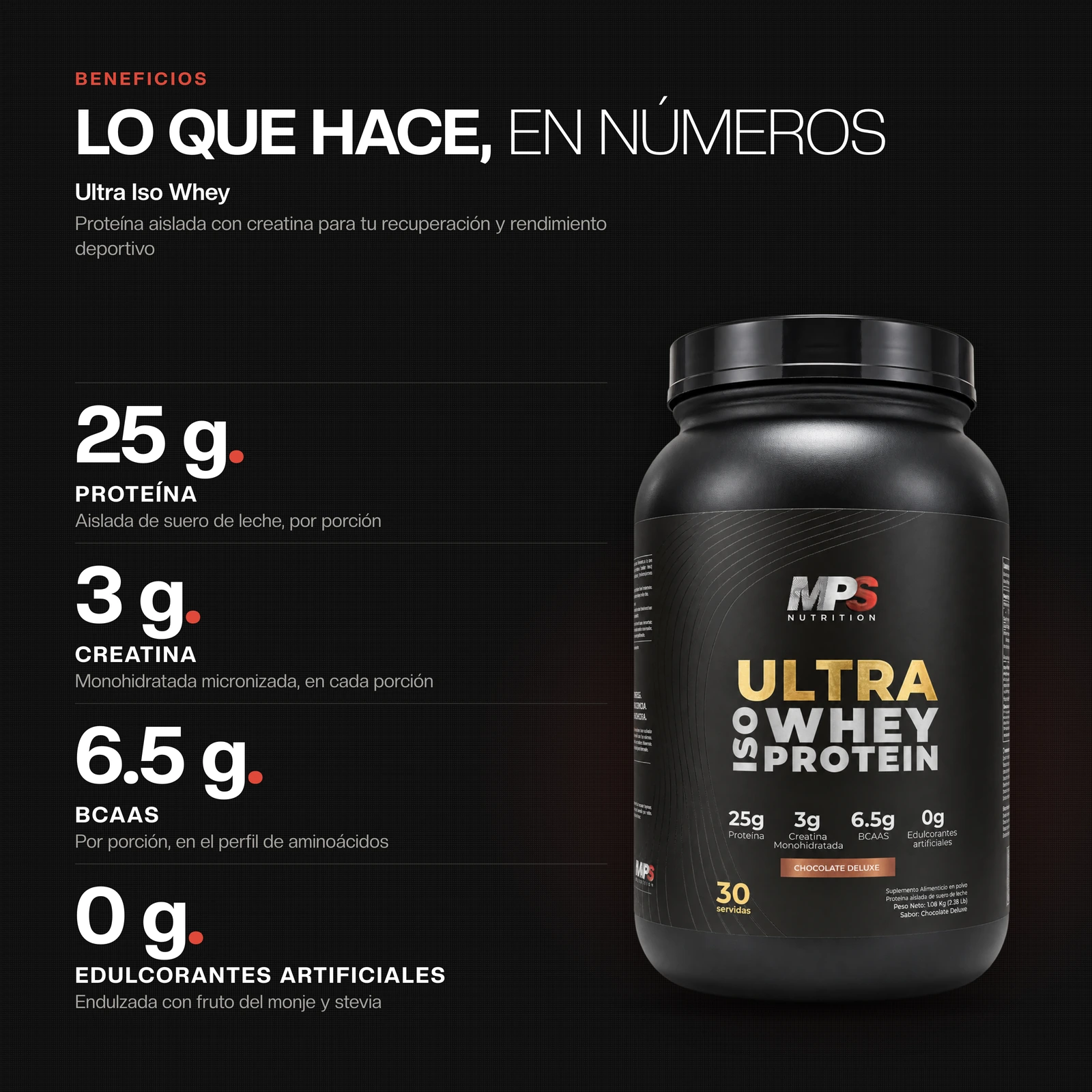 Beneficios de Ultra Iso Whey: 25 g Proteína, 3 g Creatina, 6.5 g BCAAs, 0 g Edulcorantes artificiales