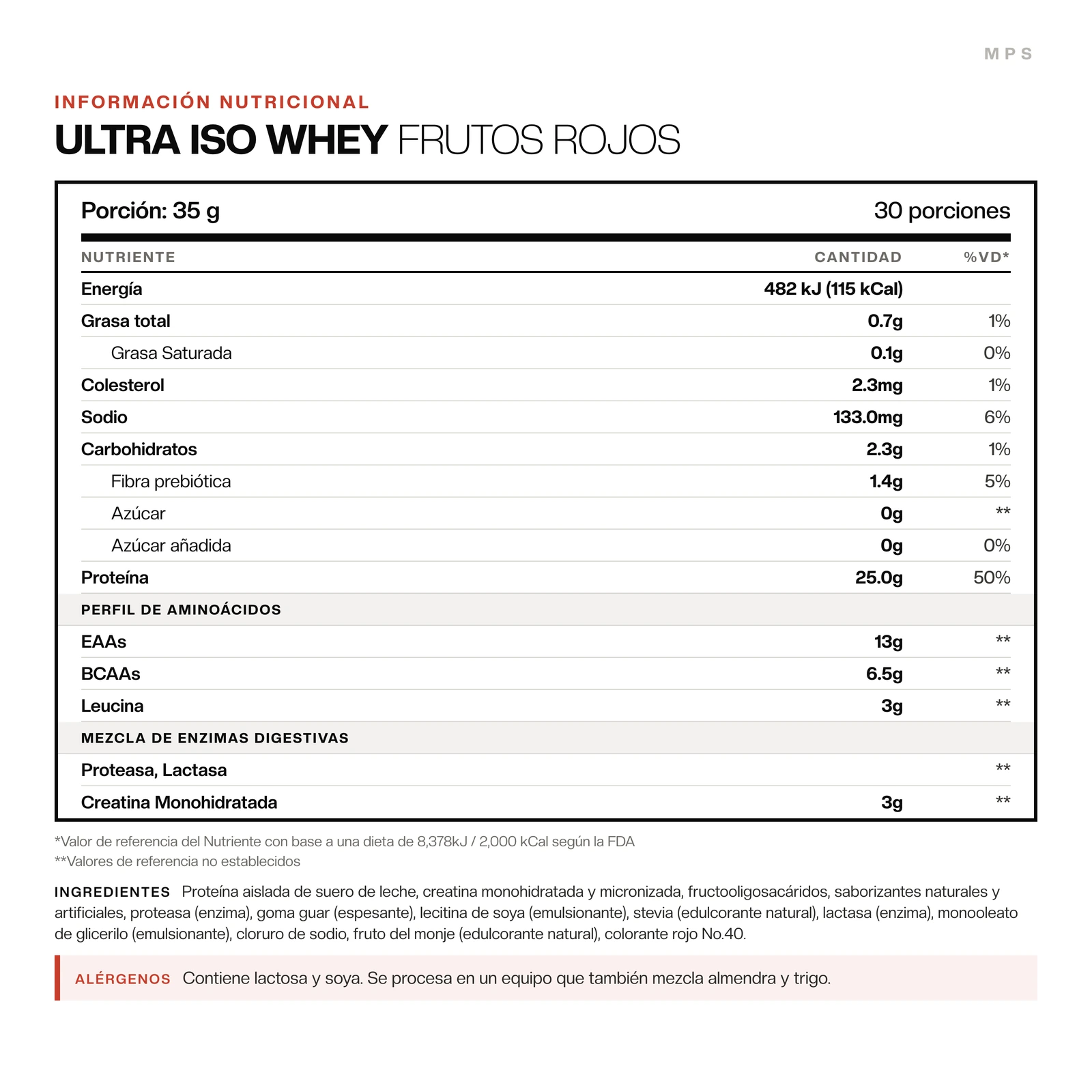 Información nutricional de Ultra Iso Whey (frutos rojos). La tabla completa está más abajo, en Información nutricional.