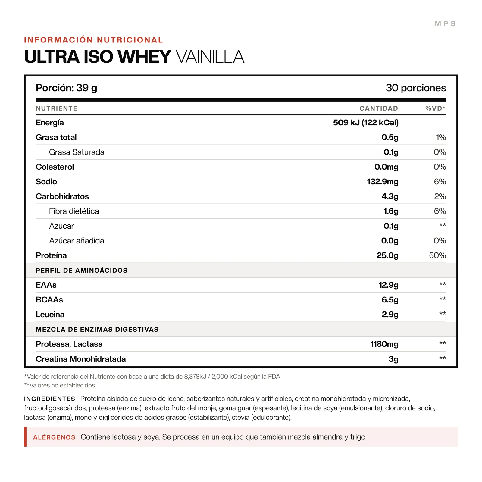 Información nutricional de Ultra Iso Whey (vainilla). La tabla completa está más abajo, en Información nutricional.