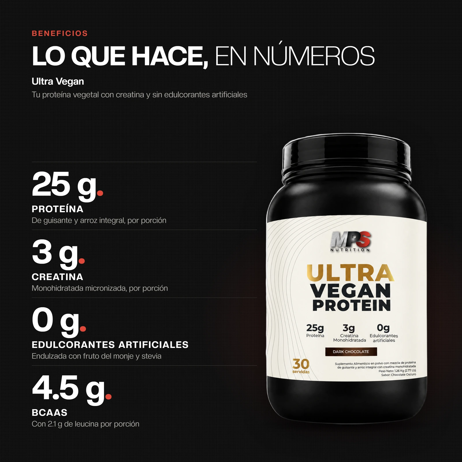 Beneficios de Ultra Vegan: 25 g Proteína, 3 g Creatina, 0 g Edulcorantes artificiales, 4.5 g BCAAs